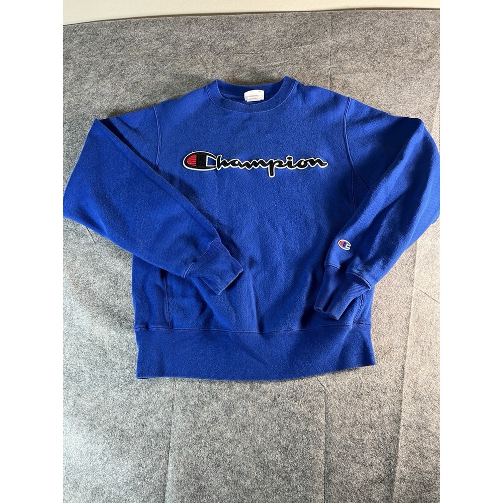 Champion Reverse Weave Sweatshirt Adult  Blue Logo Long Sleeve Sweater Small